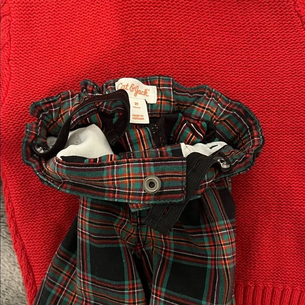 Cat & Jack Red Cable Knit Sweater and Plaid Pants like New Condition